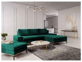 Colțar extensibil cu tapițerie de catifea și șezlong pe partea dreaptă Windsor & Co Sofas Astre, verde smarald