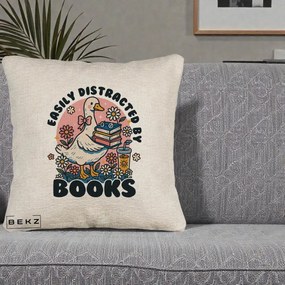 Perna Personalizata Easily Distracted by Books, 40x40 cm, Bej Canapea, Husa Detasabila, Perna Inclusa, BEKZ®
