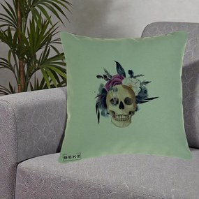 Perna Decorativa Craniu Floral cu Trandafiri si Ciuperci, 40x40 cm, Verde, Husa Detasabila, Perna Inclusa, BEKZ®