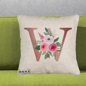 Cadou Personalizat - Perna Personalizata Monograma Rose Gold Litera W cu Trandafiri si Anemona, 40x40 cm, Bej Canapea, Husa Detasabila, Perna Inclusa, BEKZ®