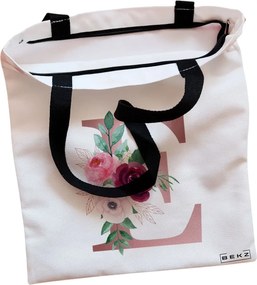 Sacosa de Panza pentru Cumparaturi, Geanta Tote, Cu litera E Rose Gold si Trandafiri, Cu fermoar, 38x34.5 cm, Alba, BEKZ®