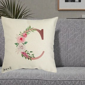 Cadou Personalizat - Perna Personalizata Monograma Rose Gold Litera C, 40x40 cm, Ecru, Husa Detasabila, Perna Inclusa, BEKZ®