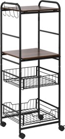 HOMCOM Cărucior Bucătărie cu 2 Coșuri Metalice Detașabile, Rafturi PAL, Cârlige Laterale, 40x38x111cm, Nuc | Aosom Romania