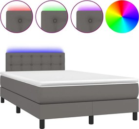 vidaXL Pat cu arcuri, saltea și LED, gri, 120x200 cm, piele ecologică