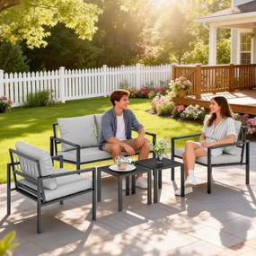 Outsunny Set mobilier grădină 4 persoane rezistent la intemperii set mobilier balcon cu canapea 2 locuri, fotoliu, perne, măsuță Gri deschis | Aosom Romania