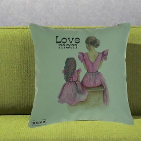 Cadou pentru Mama - Perna Personalizata Love Mom Rochii Roz, 40x40 cm, Verde, Husa Detasabila, Perna Inclusa, BEKZ®