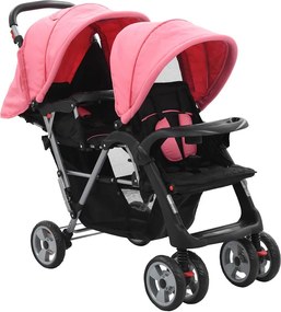 vidaXL Cărucior tandem pentru copii, roz și negru, oțel