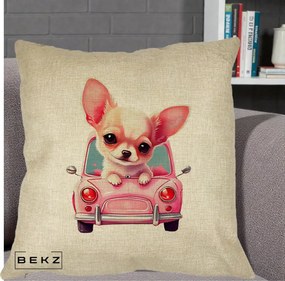 Perna Decorativa Chihuahua Roz in Masinuta, 40x40 cm, Crem, Husa Detasabila, Perna Inclusa, BEKZ®