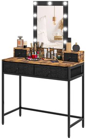 HOMCOM Coafare masă de machiaj oglindă LED reglabilă integrată - picior metalic negru - 4 sertare din material textil - Aspect lemn întunecat | Aosom Romania