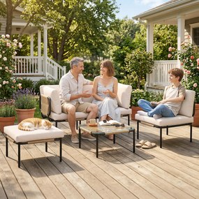 Outsunny Set mobilier gradină din polyrattan 5 piese Set lounge cu 3 fotolii masă cu sticlă taburet scaune late și adânci perne detașabile | Aosom Romania