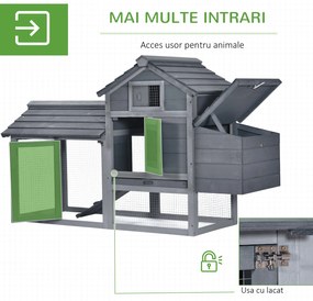 PawHut Coteț prefabricat din lemn pentru 2 găini cu gard pentru grădină 150.5 x 54 x 87cm, gri închis | Aosom Romania