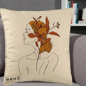 Perna Decorativa Portret Feminin Crin Ruginiu Auriu, 40x40 cm, Bej, Husa Detasabila, Perna Inclusa, BEKZ®