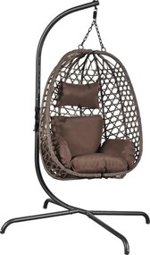 Fotoliu leagan suspendat, cu perne moi, cos pliabil, rezistente la UV, împletitură PE ratan, structură metalică, pentru interior și exterior, Maro