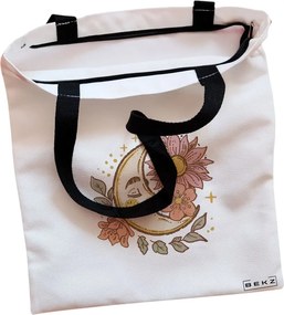 Sacosa de Panza pentru Cumparaturi, Geanta Tote, Moon Flowers, Cu fermoar, 38x34.5 cm, Alba, BEKZ®