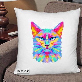 Perna Decorativa Pisica Pop Art Multicolor, 40x40 cm, Alb Pufos, Husa Detasabila, Perna Inclusa, BEKZ®