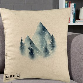 Perna Decorativa Munti Inzapeziti Acuarela Indigo, 40x40 cm, Bej, Husa Detasabila, Perna Inclusa, BEKZ®