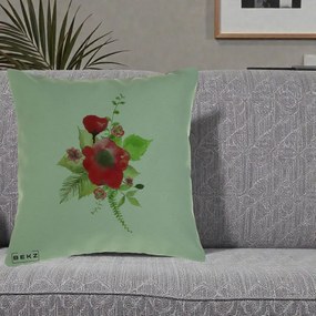 Perna Decorativa Buchet Rosu Acuarela, 40x40 cm, Verde, Husa Detasabila, Perna Inclusa, BEKZ®