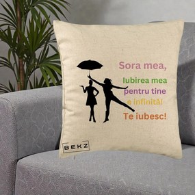 Cadou pentru Sora - Perna Personalizata Sora Mea Te Iubesc Siluete Colorate Umbrela, 40x40 cm, Bej, Husa Detasabila, Perna Inclusa, BEKZ®
