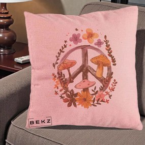 Perna Decorativa Peace Sign Ciuperci Floral, 40x40 cm, Roz, Husa Detasabila, Perna Inclusa, BEKZ®