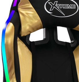Scaun de racing cu LED RGB, auriu si negru, piele ecologica auriu si negru, Cu suport de picioare, 1