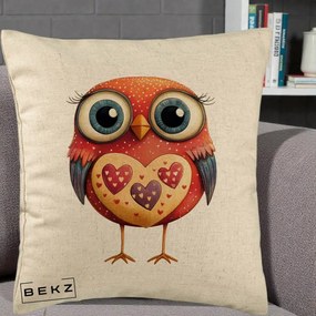 Perna Decorativa Bufnita Rosie cu Inimi Aurii, 40x40 cm, Bej, Husa Detasabila, Perna Inclusa, BEKZ®