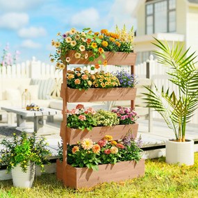 Outsunny Jardinieră Verticală înălțată pe 4 Niveluri, din Lemn pentru Exterior, cu Orificii de Drenaj și Căptușeală Textilă, pentru Plante Aromatice, Flori și Legume, 85x45x140 cm, Maro | Aosom Romania
