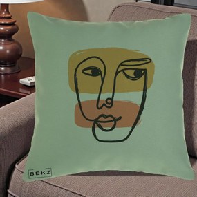 Perna Decorativa Portret Abstract Line Art Portocaliu, 40x40 cm, Verde, Husa Detasabila, Perna Inclusa, BEKZ®