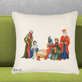 Perna Decorativa Nasterea Domnului Cei Trei Magi Acuarela, 40x40 cm, Crem Reliefat, Husa Detasabila, Perna Inclusa, BEKZ®