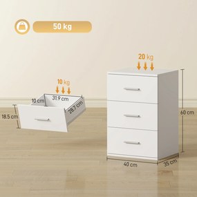 HOMCOM Noptieră pentru Dormitor cu 3 Sertare, Stil Modern din Lemn, Măsuță pentru Canapea, Sufragerie, Living și Dormitor, 40x35x60 cm, Alb | Aosom Romania