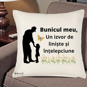 Cadou pentru Bunic - Perna Personalizata Bunicul Meu Izvor de Liniste cu Fluture si Fetita, 40x40 cm, Crem Reliefat, Husa Detasabila, Perna Inclusa, BEKZ®