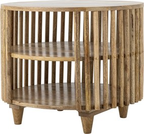 Măsuță de cafea din lemn de mango, rotundă, cu structură din lamele verticale și 2 rafturi inferioare, natur, finisaj lăcuit, 60×50 cm, „Sali"