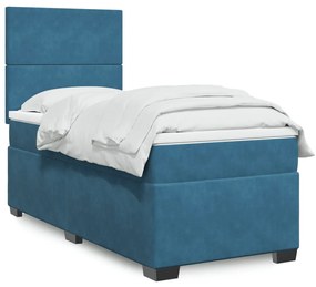 vidaXL Pat box spring cu saltea, albastru, 90x190 cm, catifea