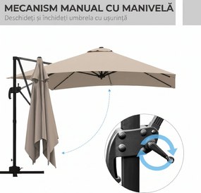 Outsunny Umbrelă de Soare cu 8 Lamele cu Pedală și Manivelă, Umbrelă de Soare din Aluminiu și Poliester, 295x295x266 cm, Kaki | Aosom Romania