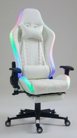 RESIGILAT-Scaun gaming cu sistem iluminare bandă LED RGB, masaj în perna lombară, suport picioare, funcție șezlong, 90-180 grade, piele ecologica, Alb