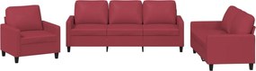 vidaXL Set de canapele cu perne, 3 piese, roșu vin, piele ecologică