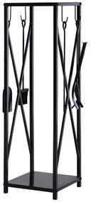 Outsunny Suport lemne de Interior si Exterior cu economisire de spatiu din Metal cu Paleta, Matura, Vatrai si Cleste, 34x34x111cm, Negru