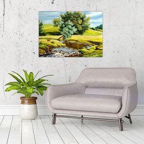 Tablou pe sticlă - Râu între câmpii, pictură în ulei (70x50 cm)