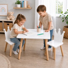 Set Masa si 2 Scaune Suporto pentru Copii din Lemn MDF, Model Print si Printesa, Scaun in Forma de Coronita, Varsta 3-6 Ani, cu Margini Rotunjite, Alb