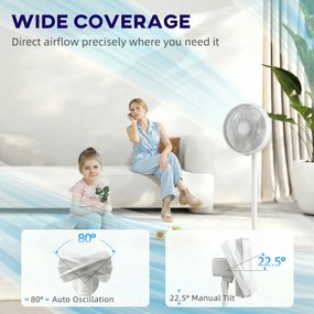 HOMCOM Ventilator de Podea cu Telecomandă, Reglabil pe Înălțime, 4 Viteze, Oscilație 80°, Timer 10 Ore, Alb, Ø40x90.5-118.5Î cm | Aosom Romania