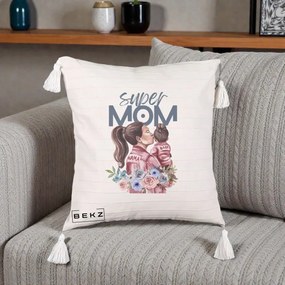 Cadou pentru Mama - Perna Personalizata Super Mom Mama cu Bebelusul, 40x40 cm, Bej cu Franjuri, Husa Detasabila, Perna Inclusa, BEKZ®