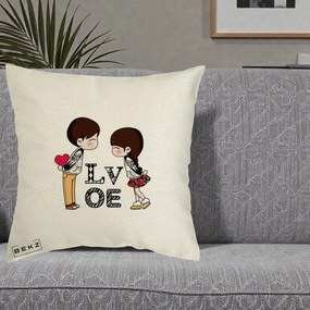 Cadou Romantic - Perna Personalizata Cuplu Kawaii LOVE, 40x40 cm, Ecru, Husa Detasabila, Perna Inclusa, BEKZ®