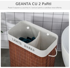 HOMCOM Coș de Rufe din Bambus Rezistent la Apă, 100L, 2 Compartimente, Manere Laterale din Frânghie, Design Elegant | Aosom Romania