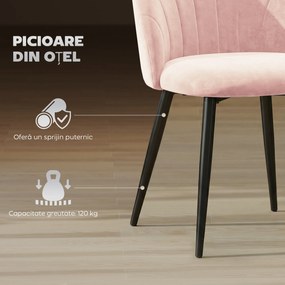 HOMCOM Set de 2 Scaune de Sufragerie din Catifea, Scaune Bucătărie cu Spătar Curbat în Formă de Scoică, Picioare din Oțel, Stil Nordic, Scaun Tapițat pentru Bucătărie, Dormitor, Cameră de Zi, Roz | Aosom Romania