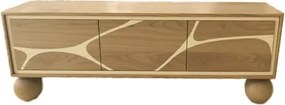 Comodă TV living din lemn de acacia, natur, cu 3 uși, decor alb și picioare sferice, 50 x 145 x 40 cm, „Alvera”