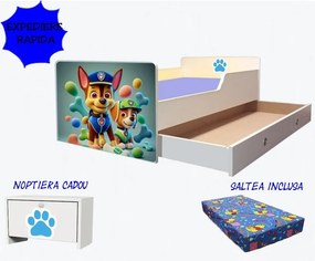 Pat tineret Paw Patrol cu saltea si sertar