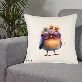 Perna Decorativa Pui Pop Star cu Ochelari Stele Violet, 40x40 cm, Crem Reliefat, Husa Detasabila, Perna Inclusa, BEKZ®