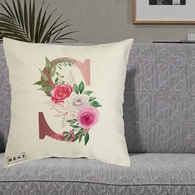 Cadou Personalizat - Perna Personalizata Monograma Rose Gold Litera S, 40x40 cm, Ecru, Husa Detasabila, Perna Inclusa, BEKZ®