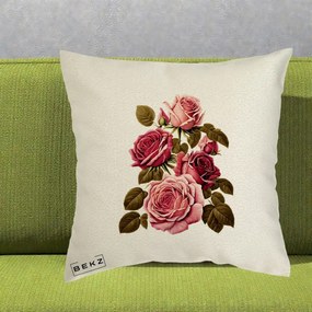 Perna Decorativa Trandafiri Vintage Roz-Rosii, 40x40 cm, Ecru, Husa Detasabila, Perna Inclusa, BEKZ®