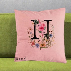 Cadou Personalizat - Perna Personalizata Monogram Litera N cu Flori Acuarela, 40x40 cm, Roz, Husa Detasabila, Perna Inclusa, BEKZ®