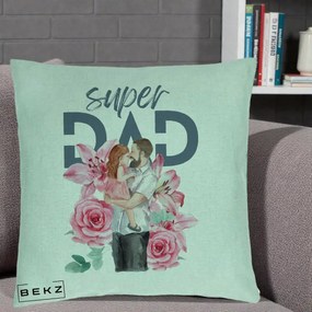 Cadou pentru Tata - Perna Personalizata Super Dad Tata cu Fetita si Flori, 40x40 cm, Verde Menta, Husa Detasabila, Perna Inclusa, BEKZ®